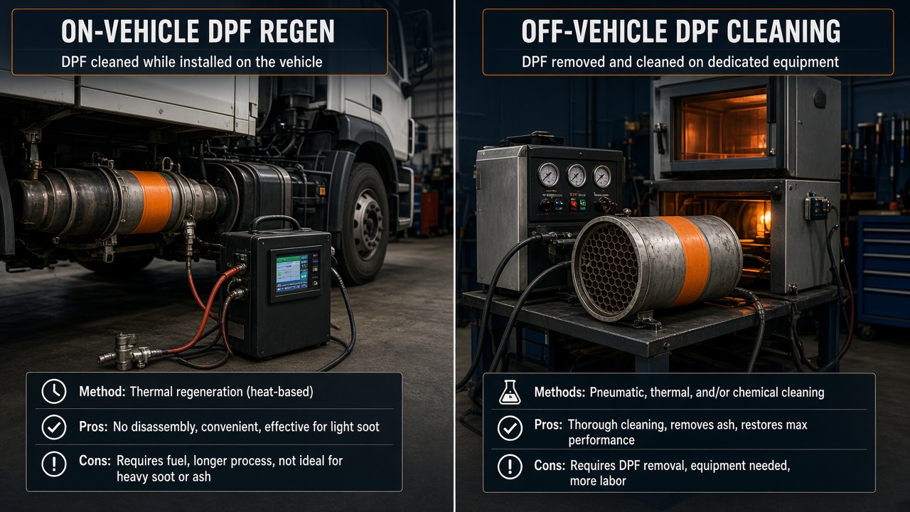 Off-vehicle vs on-vehicle DPF cleaning comparison