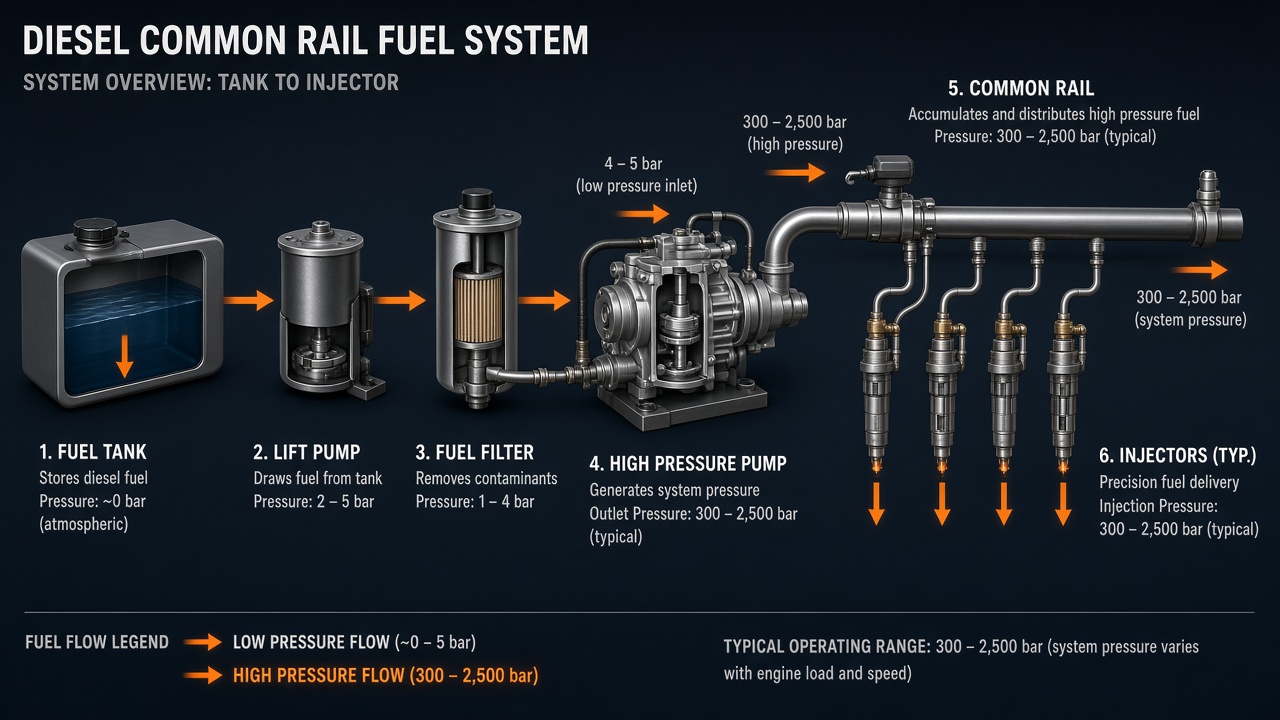 Common rail diesel fuel system diagram from tank to injectors