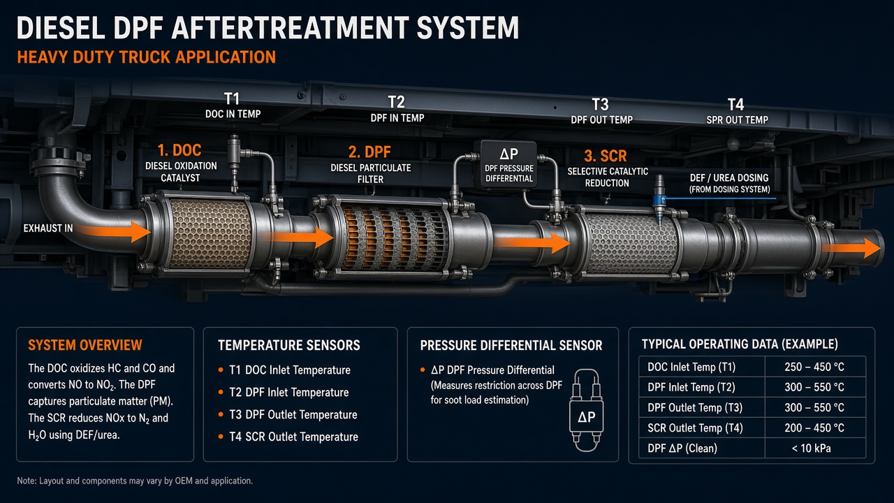 DPF aftertreatment system layout diagram showing DOC, DPF filter, and SCR components