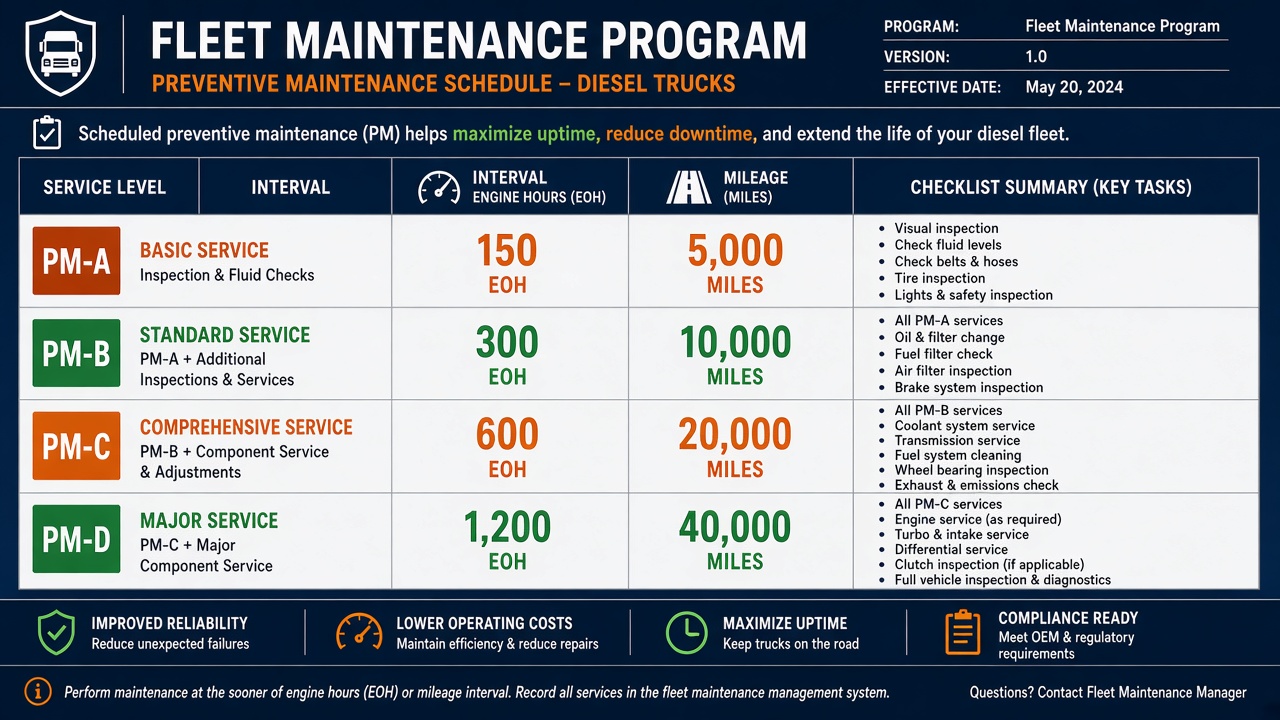 Fleet preventive maintenance framework diagram showing A through D service levels