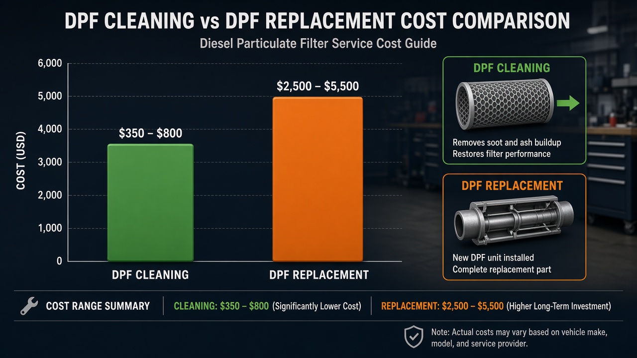 Bar chart comparing DPF cleaning and replacement cost ranges