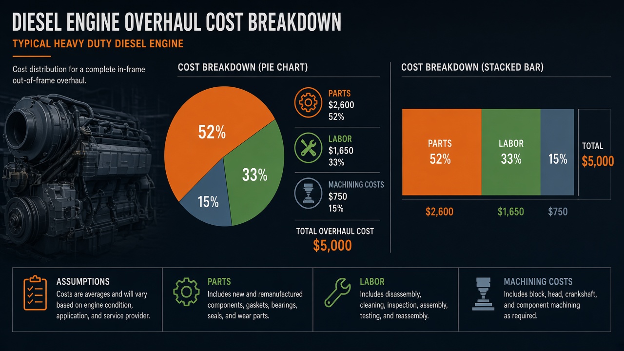 Engine overhaul cost breakdown showing parts, labor, and machining for in-frame and out-of-frame rebuilds