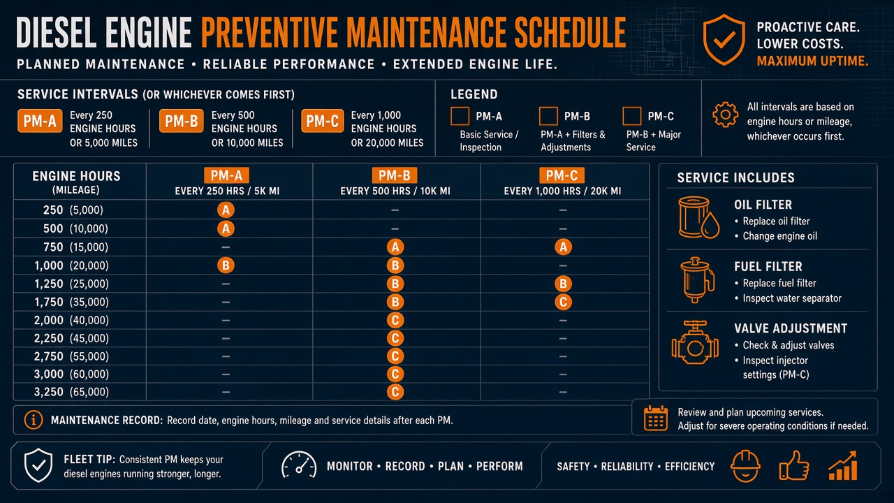 Diesel maintenance schedule table showing PM-A, PM-B, and PM-C service intervals