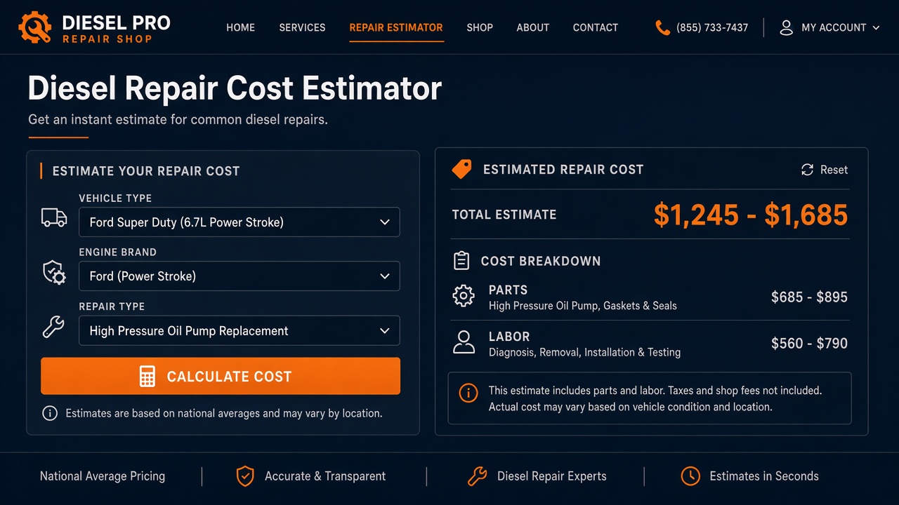 Diesel repair cost estimator calculator showing labor, parts, and total estimate