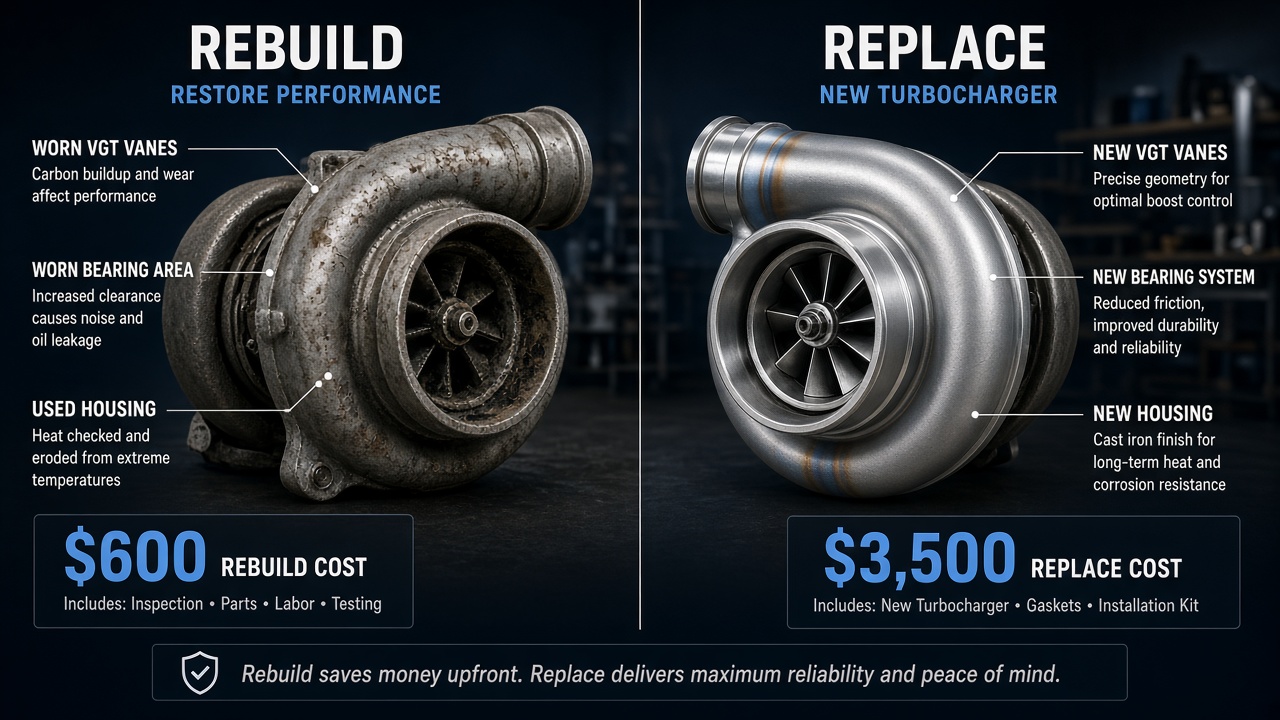 Turbo rebuild vs replace cost comparison for VGT turbos with moderate bearing wear
